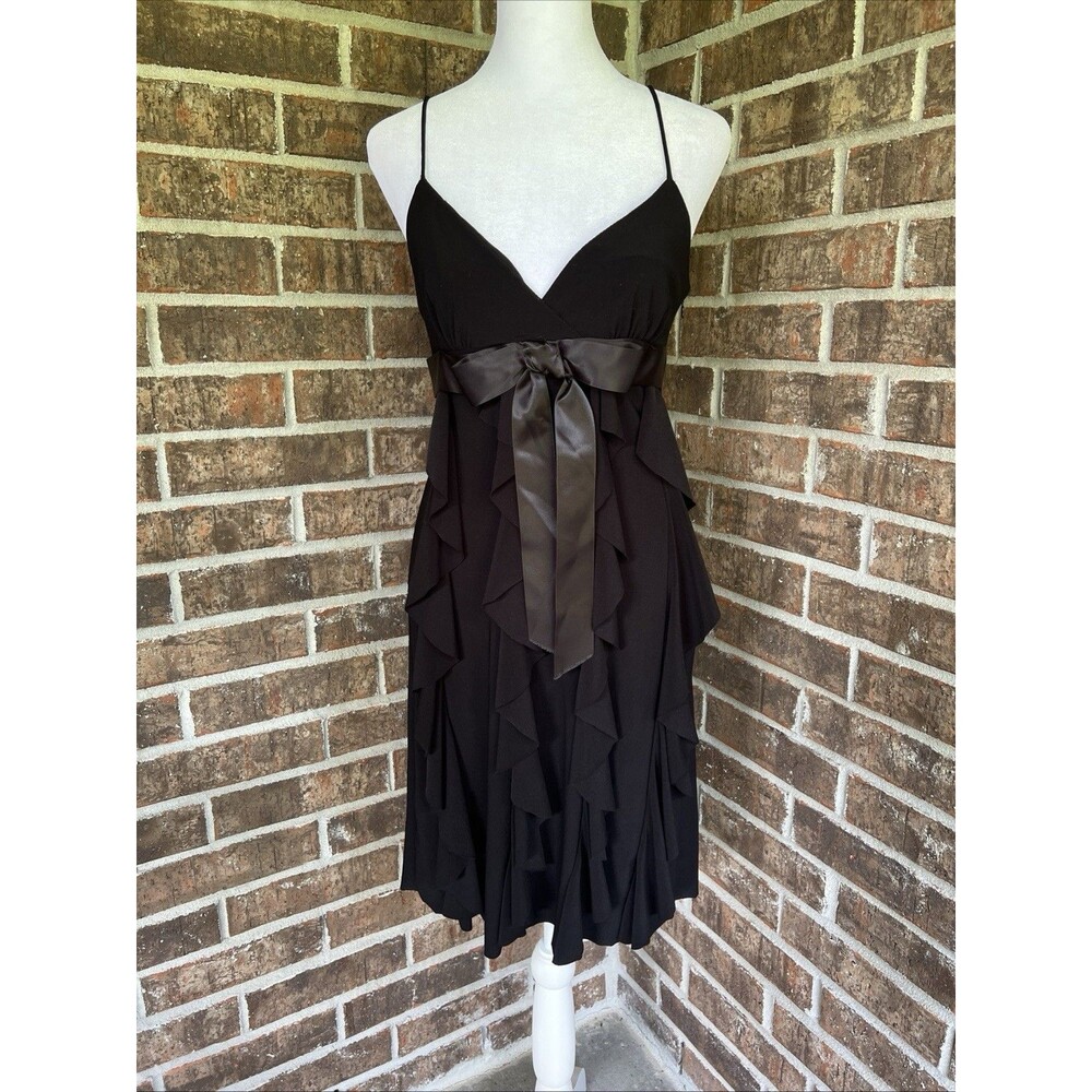 VNTG Betsy & Adam Black Bow Ruffle Tiered Flapper Spaghetti Strap Dress Size 4